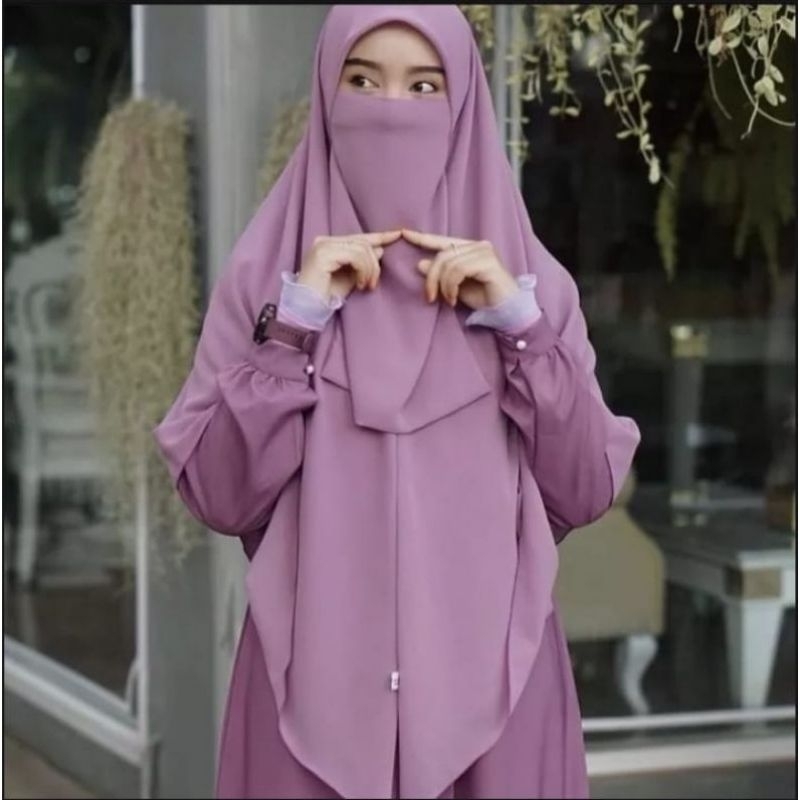 Hijab Kerudung Khimar Instan Syari Ceruty Baby doll Plus Cadar Tali Dua Layer Hijab Ungu Pink Merah 