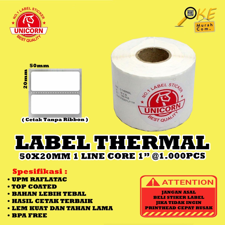 

Stiker Label Barcode Thermal 50x20mm / 50x20 mm / 50 x 20 mm 1 Line Core 1" 1.000pcs