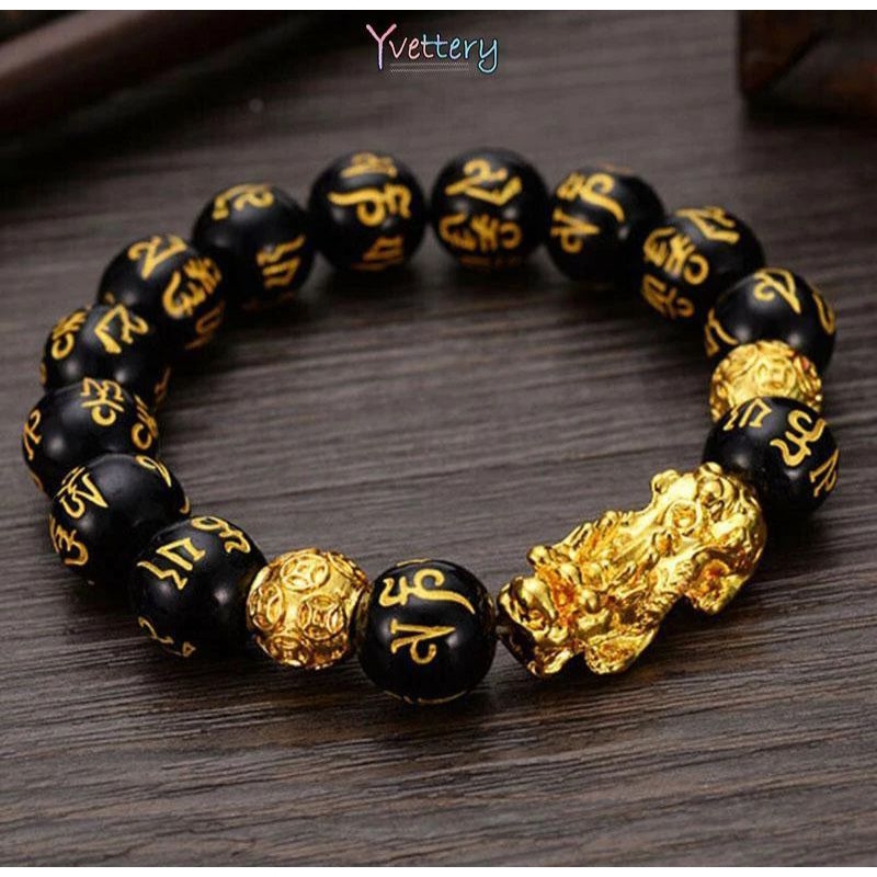 COD]Manik Gelang Fashion Retro Feng Shui Obsidian Emas Hitam Pria Wanita Netral Imitasi Obsidian Gel