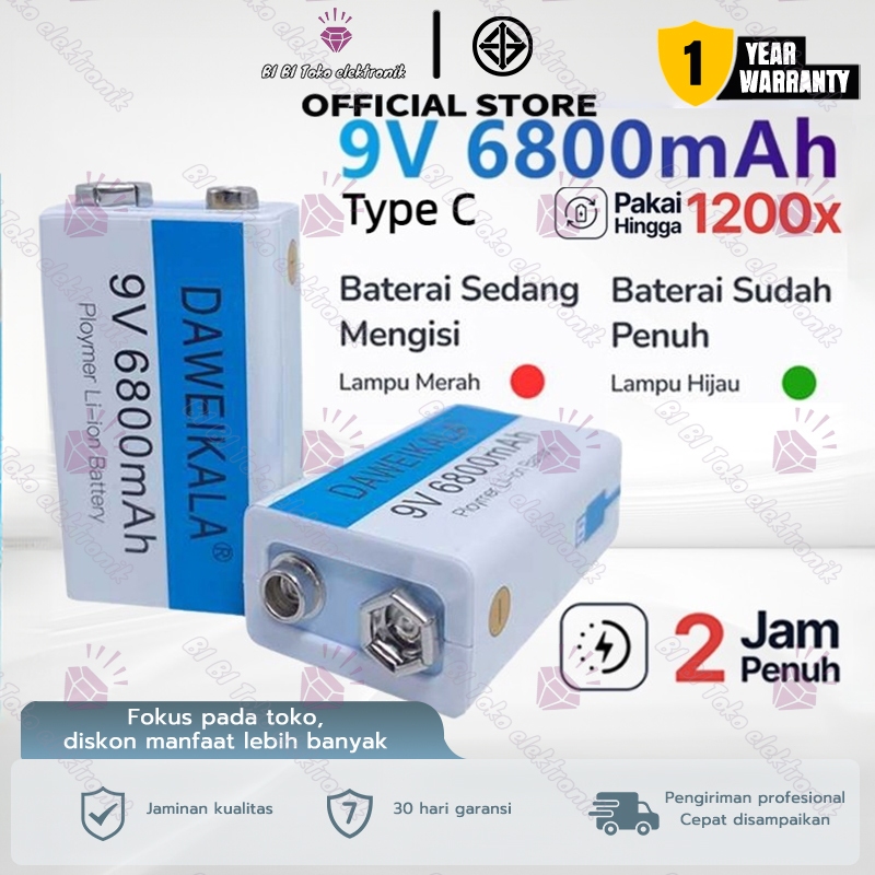 Baterai 9 V Rechargeable Li-ion USB Type-C 6800 mAh D 9V / baterai 9v rechargeable volt bisa dicas k