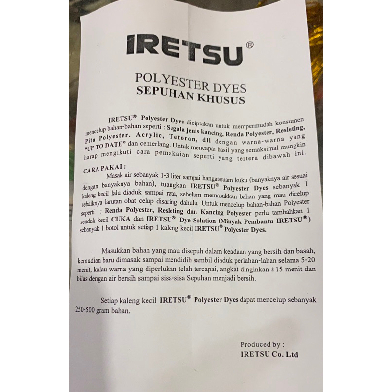 Sport Sistem Pewarna Kain Iretsu / Pewarna Tekstil/ Pewarna Celup / Wenter Polyester Dyes / Iretsu