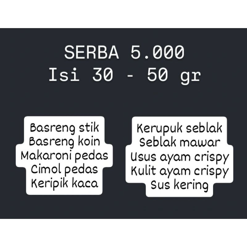 

[READY BJM] SERBA 5.000an isi bervariasi ya | Basreng | Kaca | Kulit | Sus kering