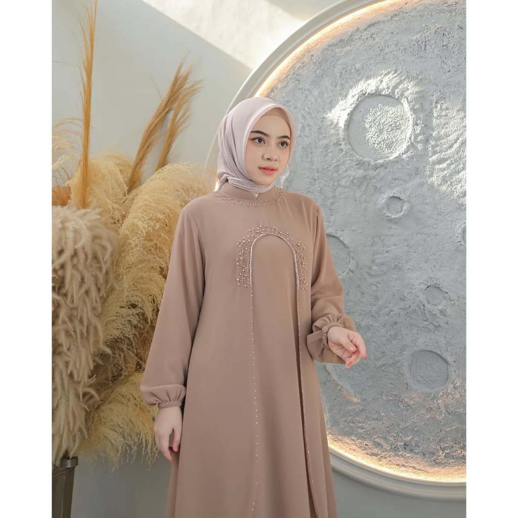 Hijaboutfitbandung Liora Dress Bahan Cerutybabydoll Apk Mutiara Payet + Swaroski Dress Kondangan COD
