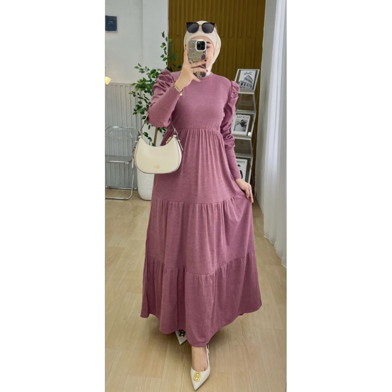 gamis muslim wanita susun kaos knit rajut import polos terbaru