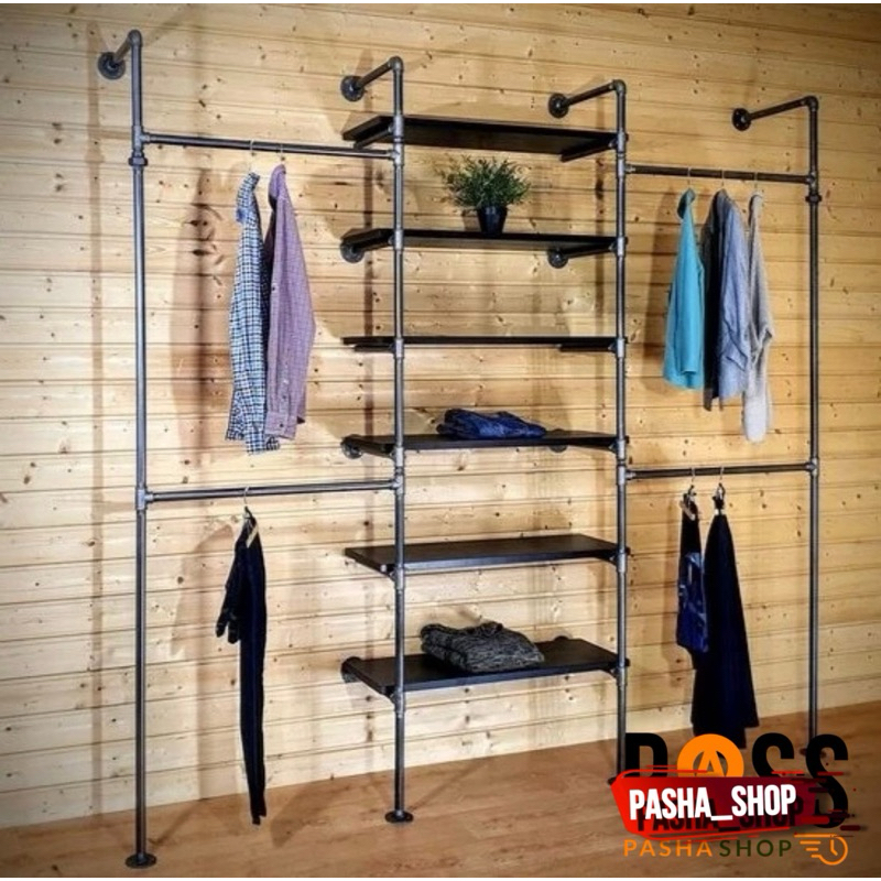 Rail rack industrial pipe  - Rak gantungan baju distro - Rak display - rak ambalan kayu