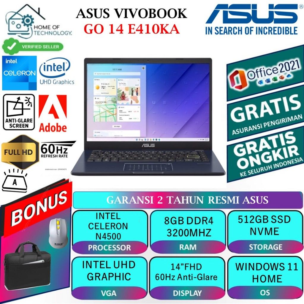 Laptop Asus Murah baru Asus vivobook 14 E410KA Intel N4500 Ram 8GB 512GB SSD FHD black terlaris