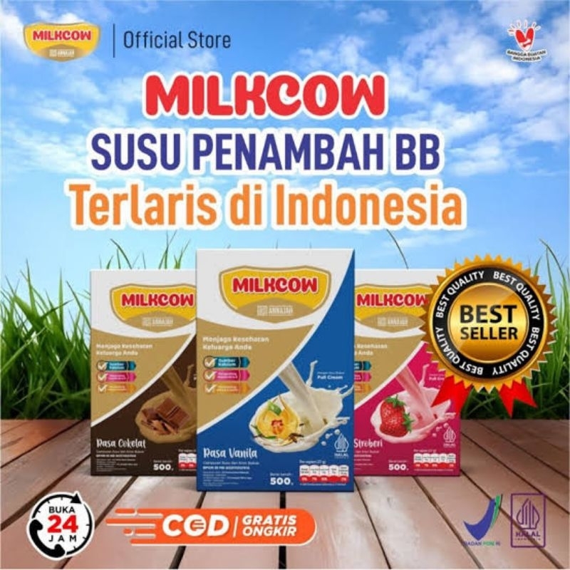 

MILKCOW PENGGEMUK BADAN ANAK PENAMBAH NAFSU MAKAN SUSU SAPI BUBUK MILKCOW 500GRAM VANILA COKLAT STROBERI