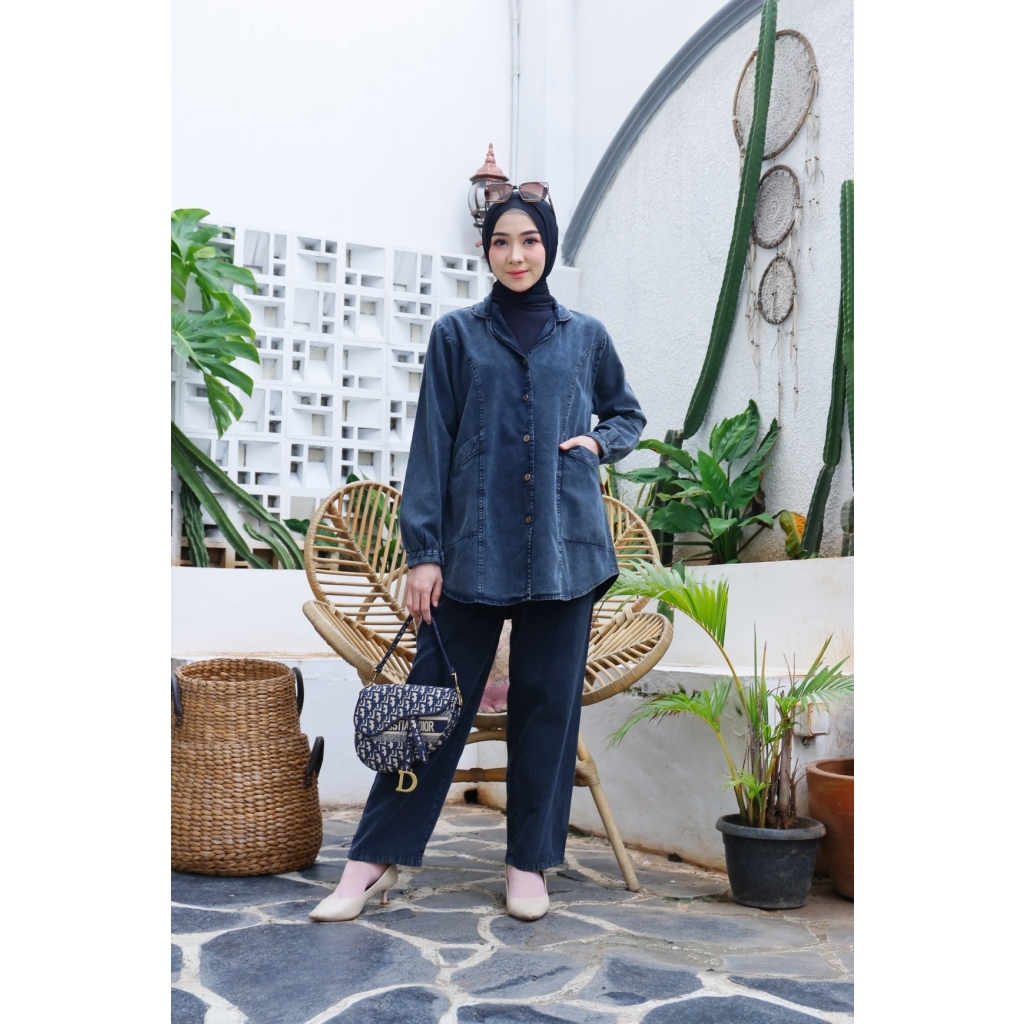 Lovilla fashion tunik jeans pendek kerah jas kancing full warna snow hitam ukuran m,l,xl,xxxl / tuni