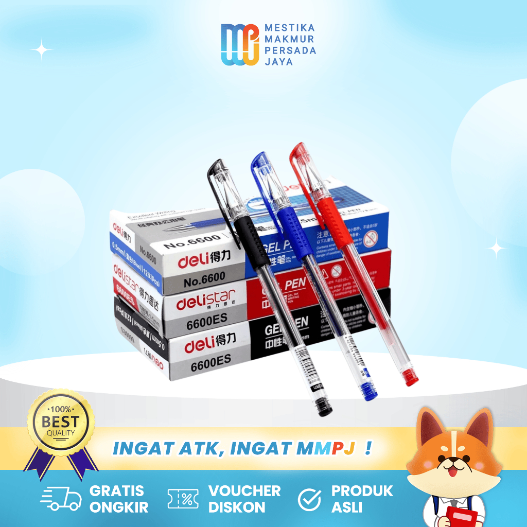 

Deli Gel Pen 6600ES Pulpen Gel 0.5mm Hitam Merah Biru Tulisan Halus & Lancar