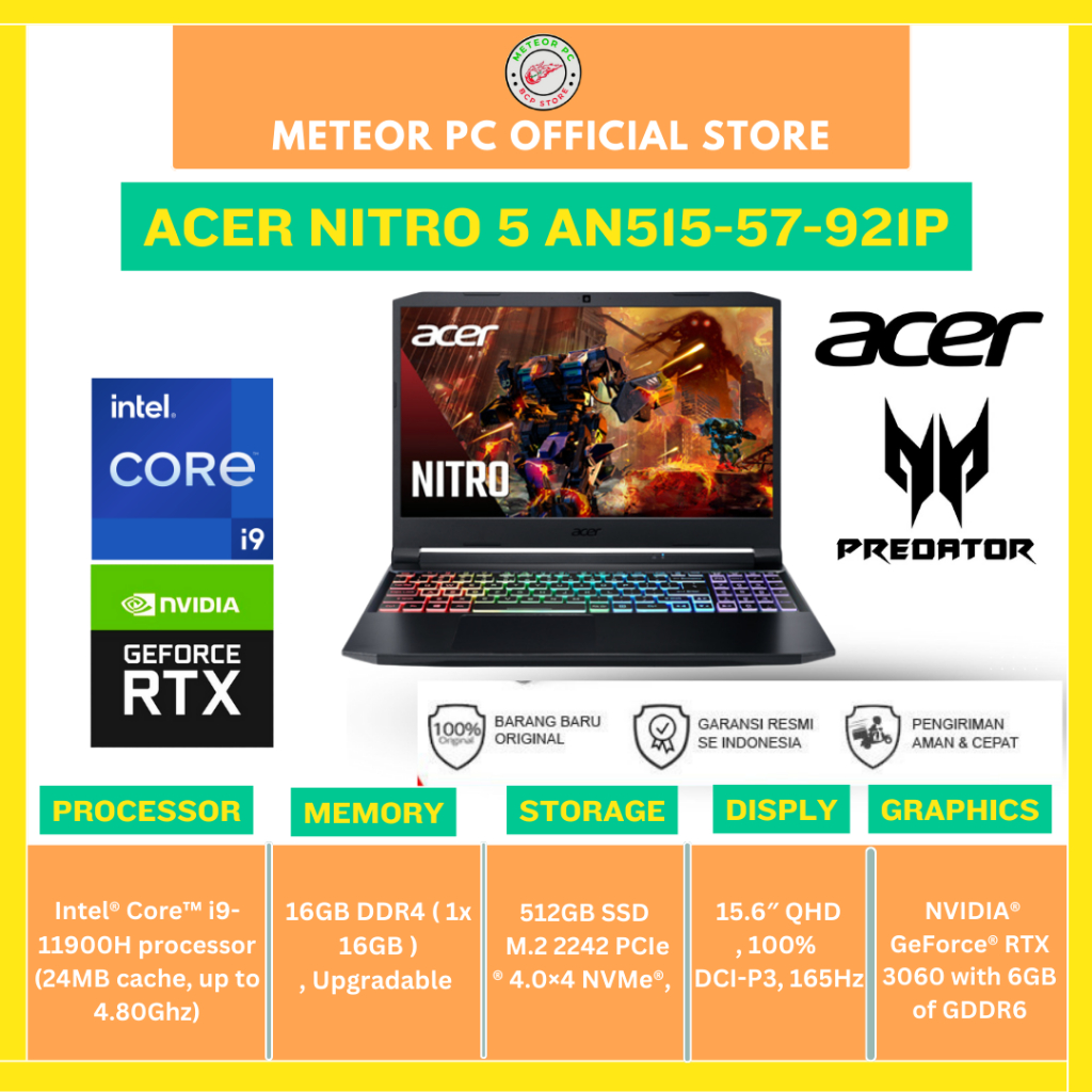 Acer Nitro 5 AN515-57-921P / Core i9-11900H/32GB/512GB SSD/RTX3060 6GB/15.6″/Win 11 Home+OHS 2021/Sh