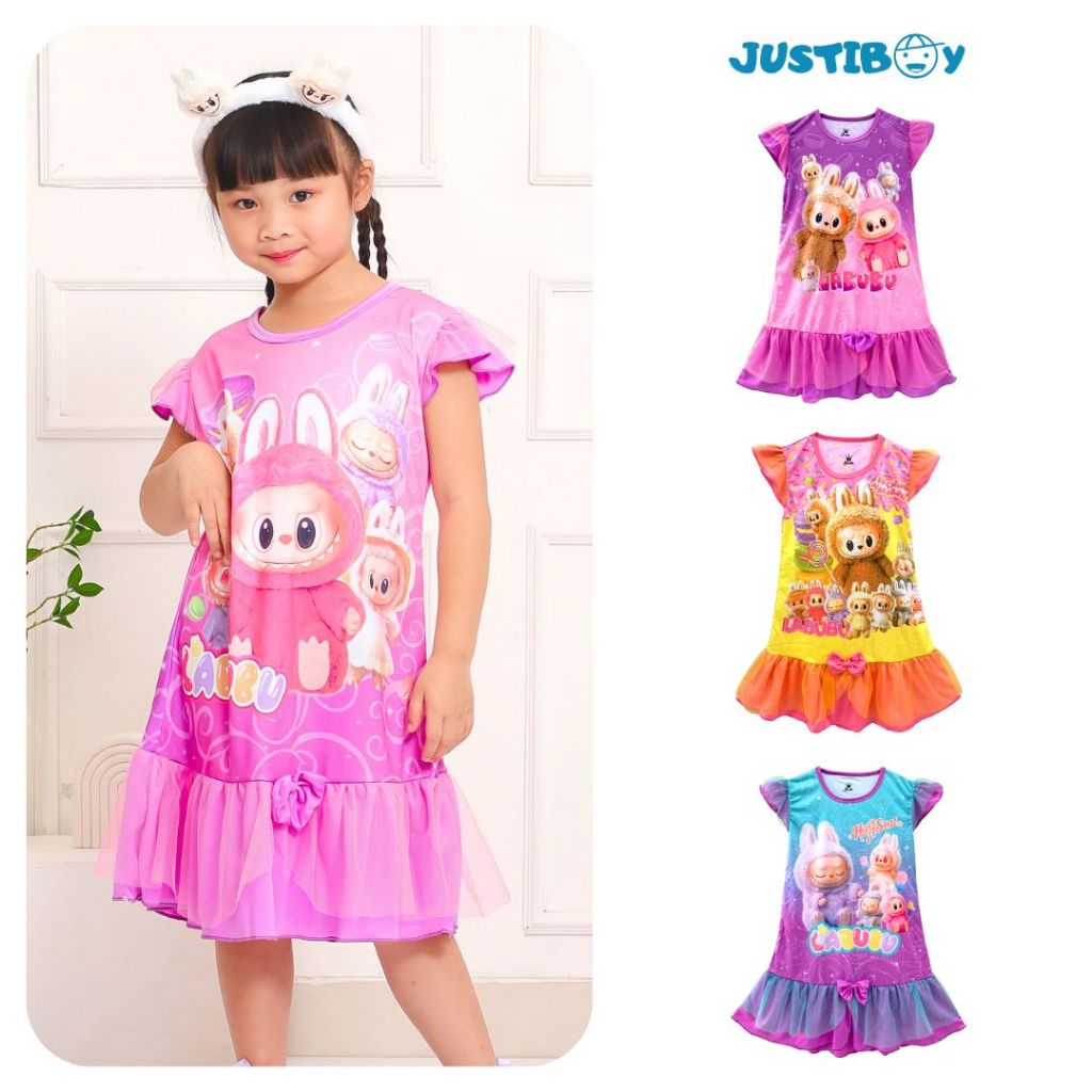 Dress Anak Perempuan Labubu The Monster Lengan Ruffle Umur 4 - 10 Tahun [JULIA]