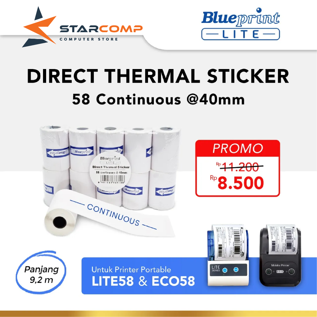 

Kertas Thermal Sticker Label BLUEPRINT 58 mm Continuous @40mm - 1 Roll