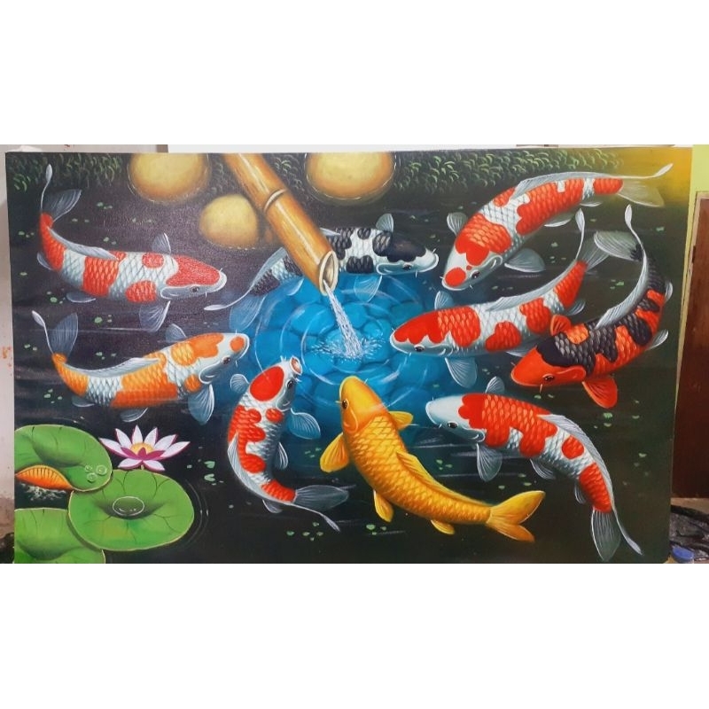 lukisan ikan koi oil on kanvas ukuran 140x100cm..asli buatan tangan no print