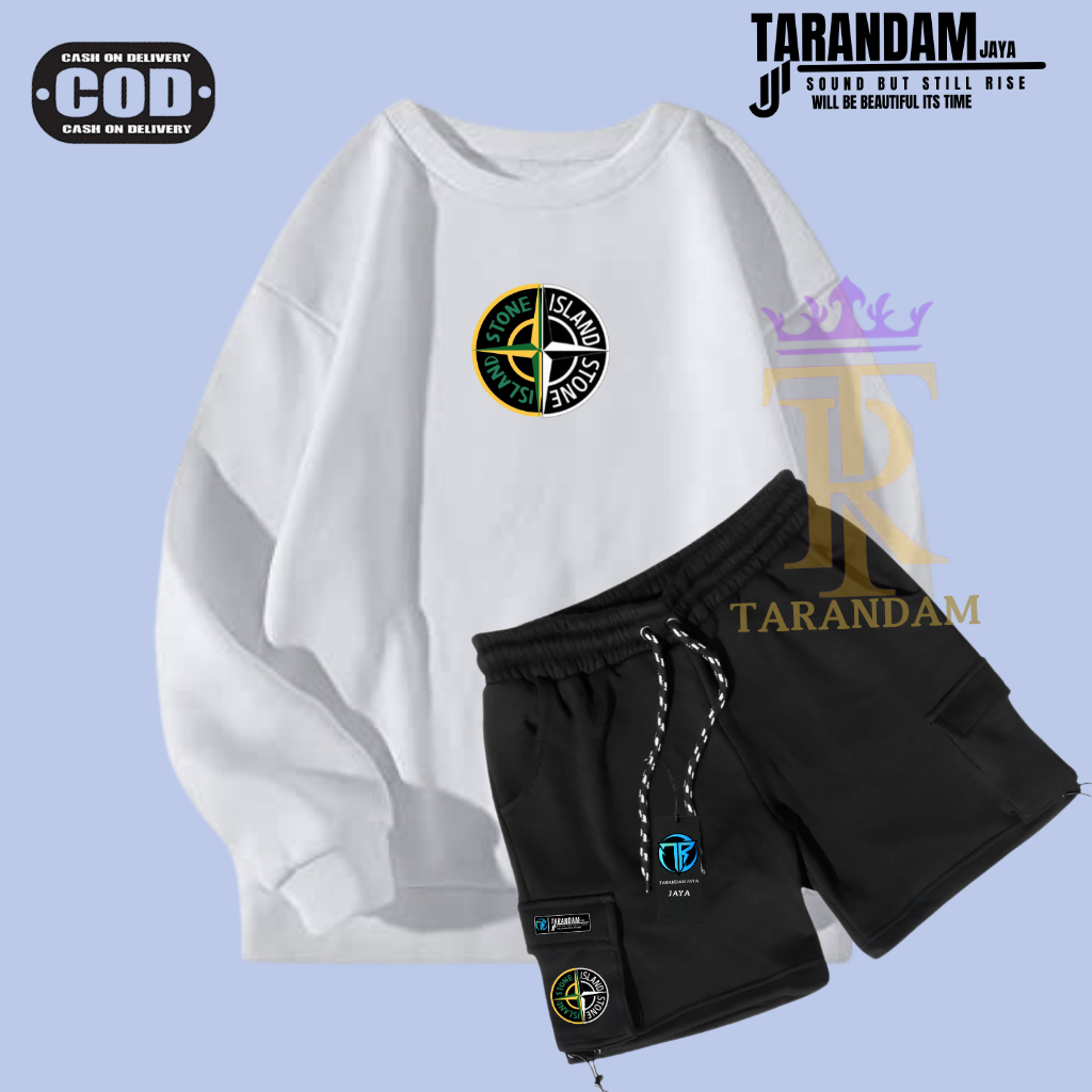 Setelan Sweater Pria Wanita Putih Crewneck Stone IslandTerbaru Tarandam Jaya 1 Set Celana Cargo Crun