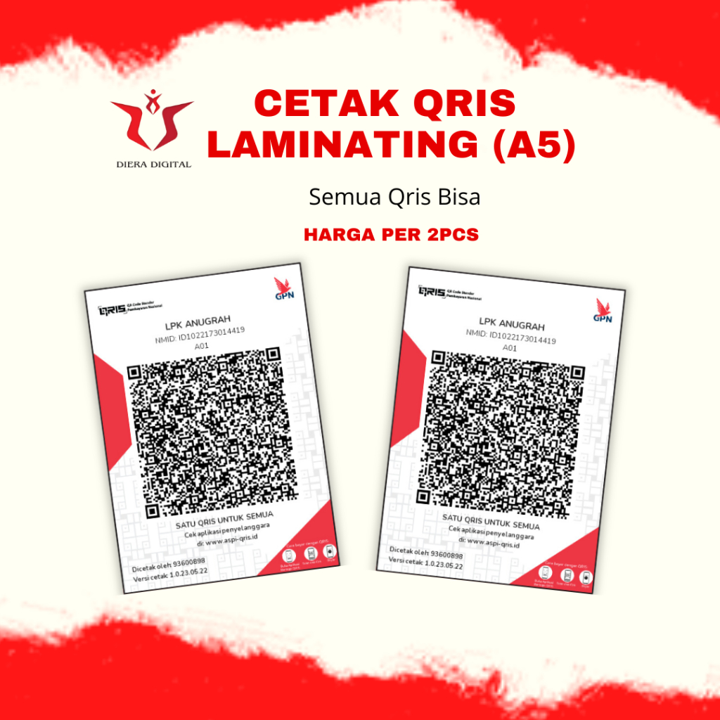 

CETAK QRIS + LAMINATING SEMUA QRIS BISA HARGA PER 2PCS (A5)