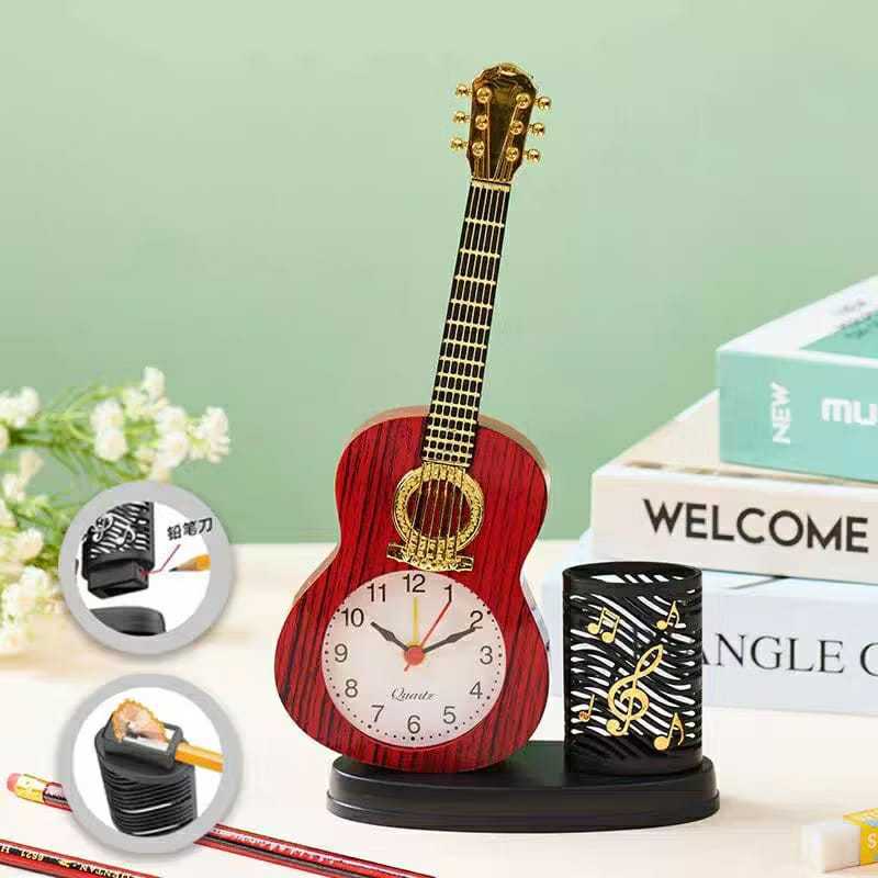 HOT PRODUCT Jam Weker Alarm Gitar Kayu Tempat Pensil / Ada Serutan Pensil / Jam Meja Alarm
