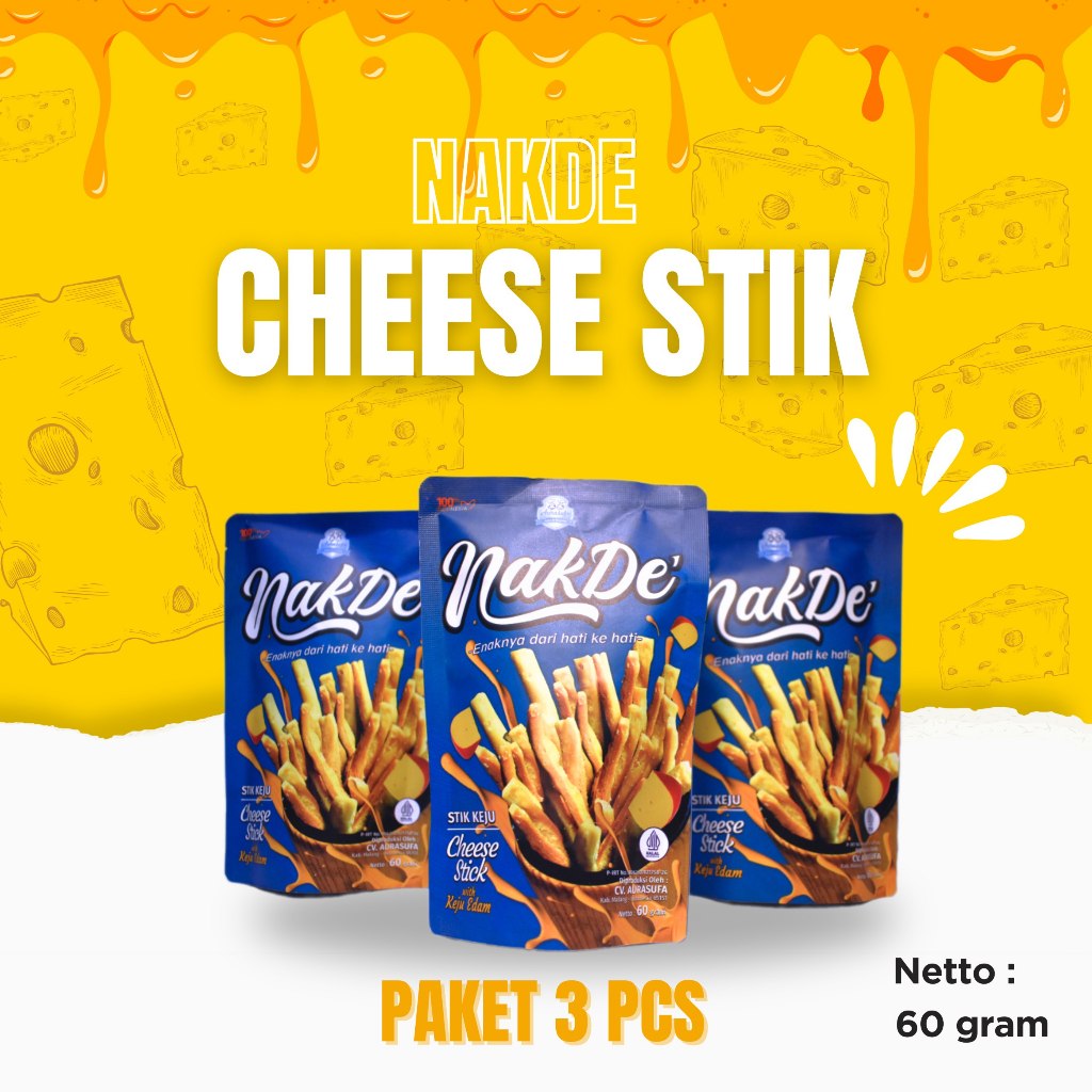 

Paket 3 Pcs Nakde' Cheese Stick 60 gram | Stik Keju | Camilan Sehat | Snack Sehat | Cheese Stick Aurasufa