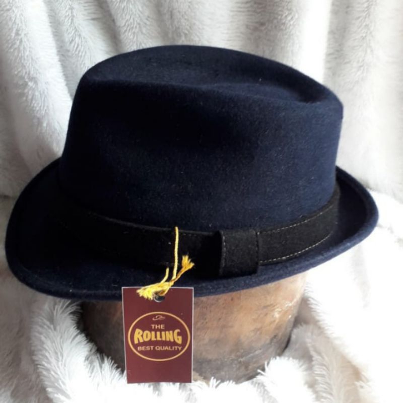 Topi Trilby Laken Import Bahan Wol Original Biru Pita Hitam