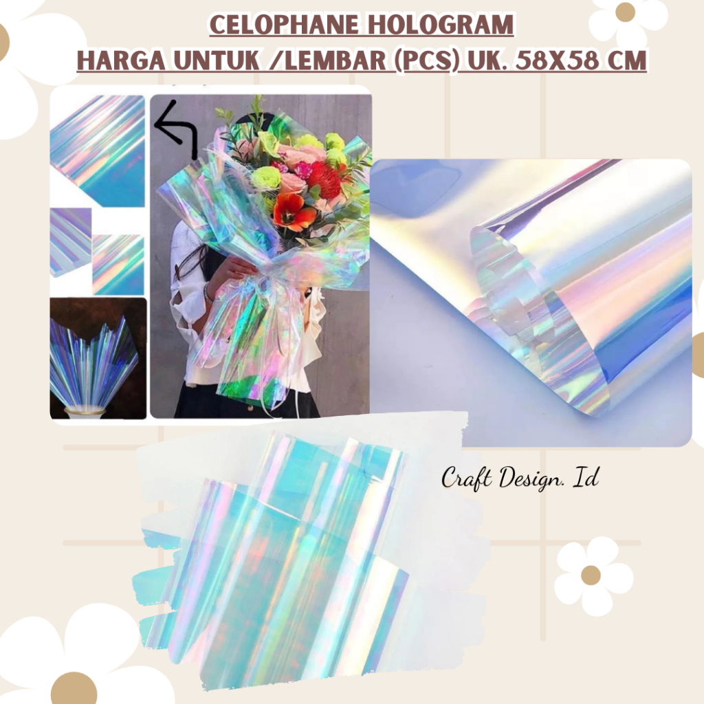 

1 LEMBAR] HOLOGRAM LEMBARAN Plastik OPP holographic rainbow transparent pelangi kertas bunga wrapping paper