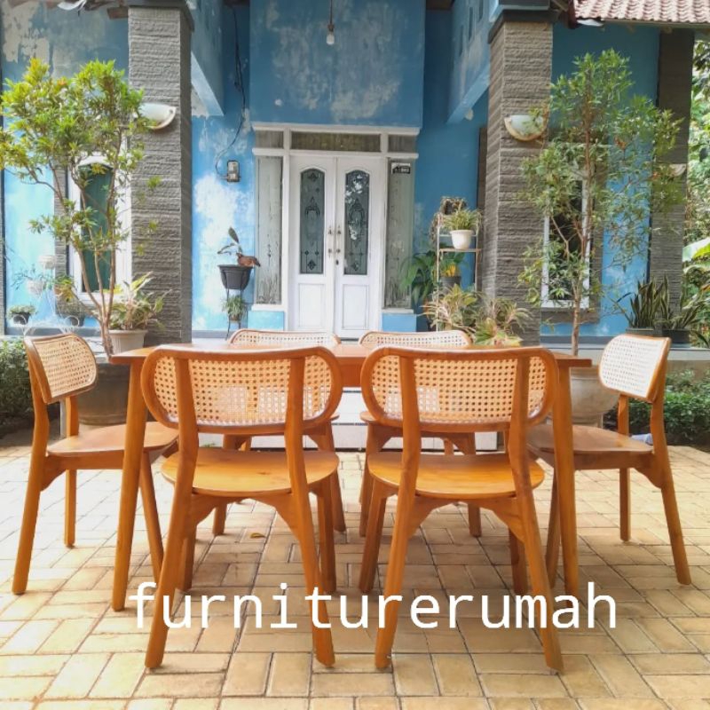 Meja Makan Minimalis 6 Kursi Jati, Set Meja Makan 6 Kursi Rotan Minimalis Jati