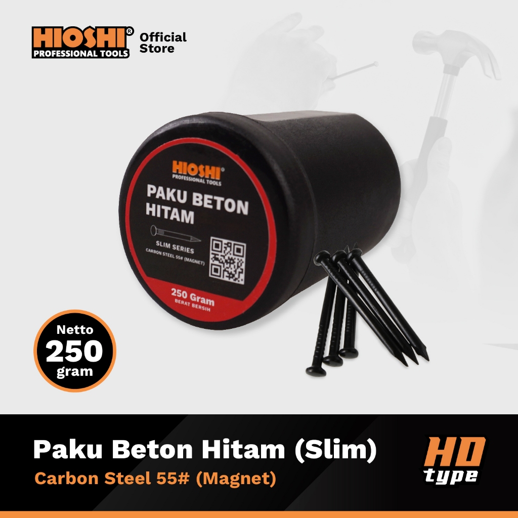 HIOSHI /250gram/Paku Beton/HITAM/Baja/Tembok/Cor/ 20 25 30 40 50 63 70mm (Slim / Kurus) - HD