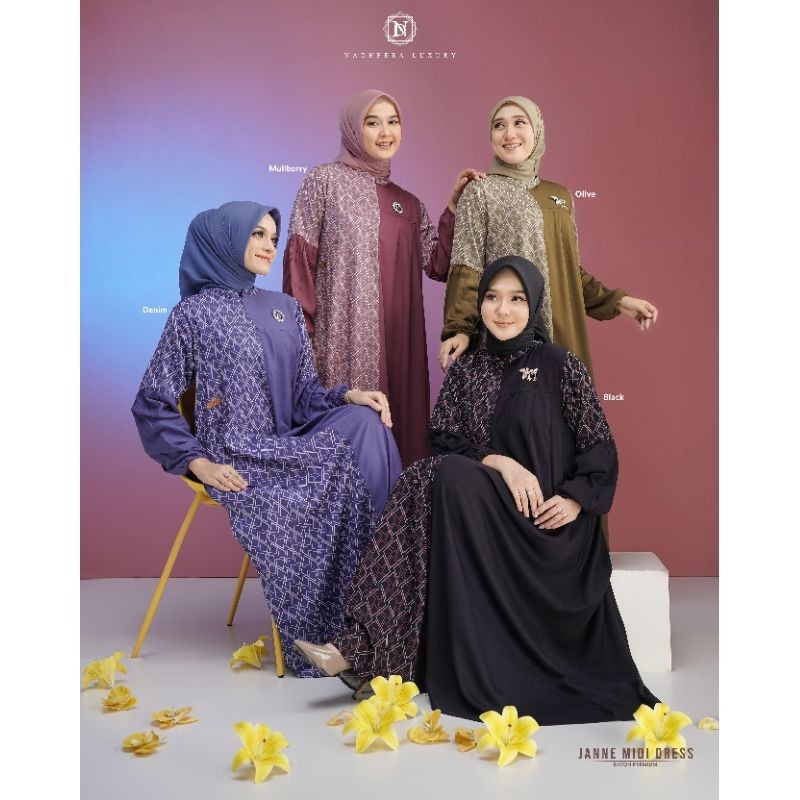 GAMIS JANNE MIDI DRESS NADHEERA LUXURY TERBARU MIDI NADHEERA RAYON PREMIUM READY STOK