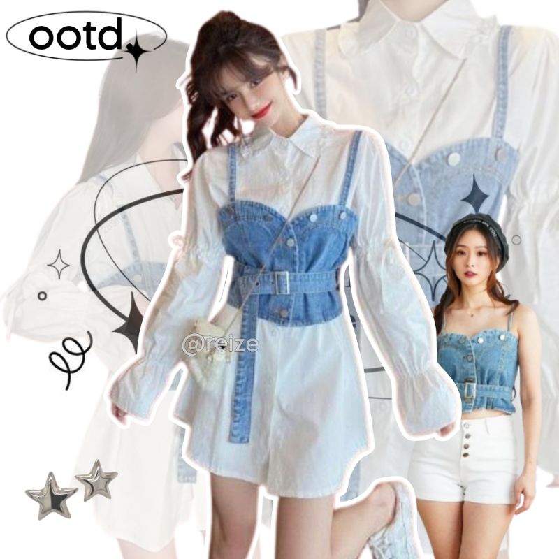 Luissa Kemeja Polos Dengan Vest Rompi Denim Levis Baju Set Baju Setelan One Set