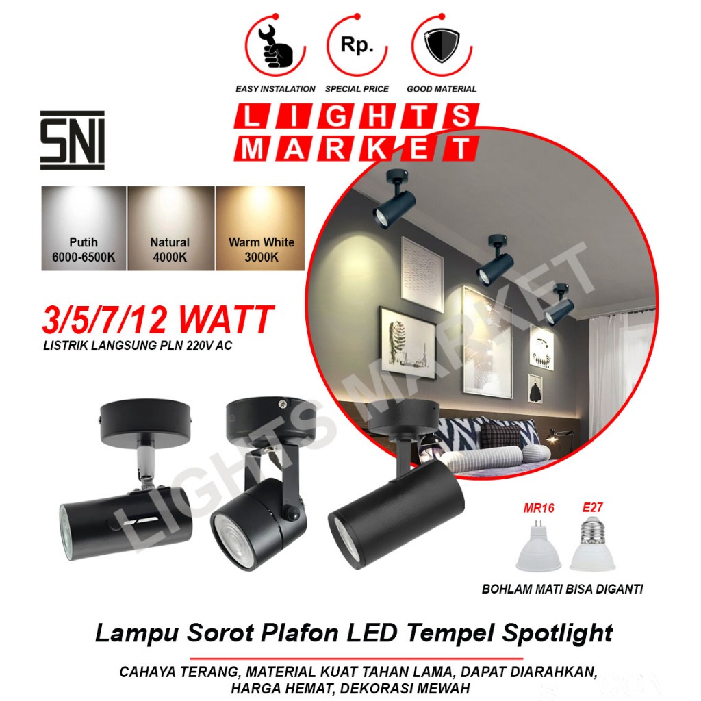 Lampu Sorot Tempel Plafon 3W 5W 7W 12W Spotlight LED Terang Mudah Ganti Bohlam