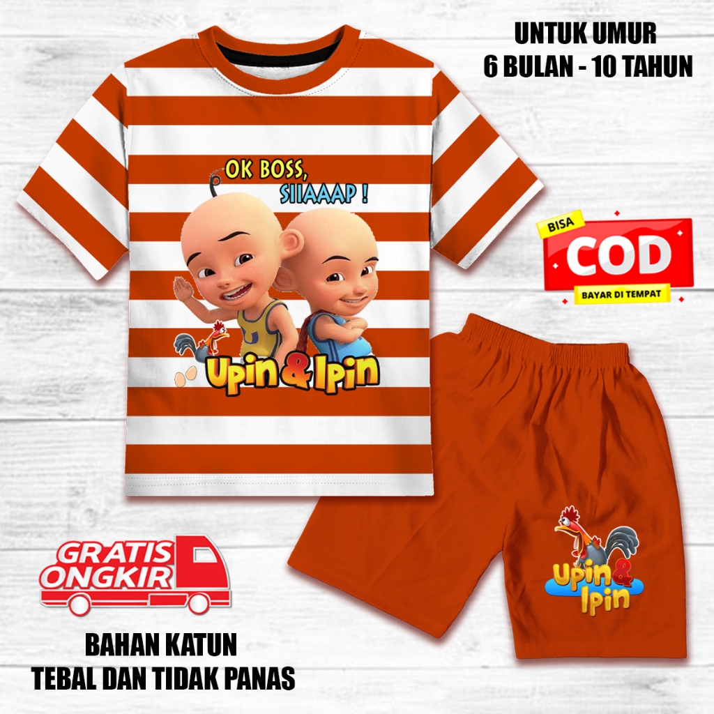 Setelan salur anak laki laki perempuan lengan pendek set baju kaos pendek katun upin ipin ok siap