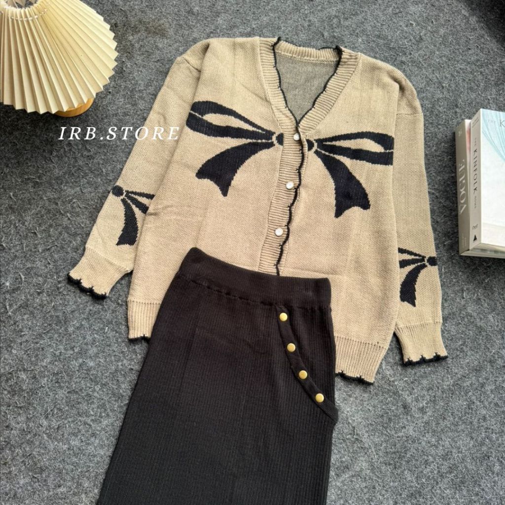 ONESET ROK + KULOT CARDIGAN RAJUT YOLANDA MOTIF PITA BAHAN ADEM TEBAL