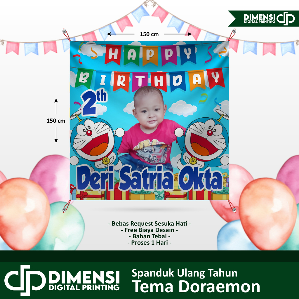 Spanduk Ulang Tahun Anak Tema DORAEMON / spanduk ultah doraemon / spanduk doraemon