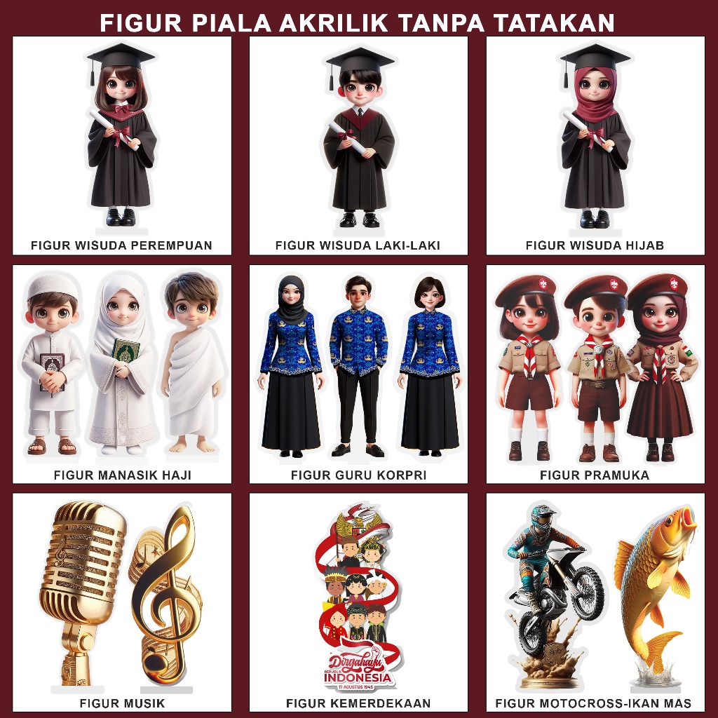 Figure Piala Akrilik Tanpa Tatakan Manasik Wisuda Pramuka Musik Guru Kemerdekaan Motocross Ikan
