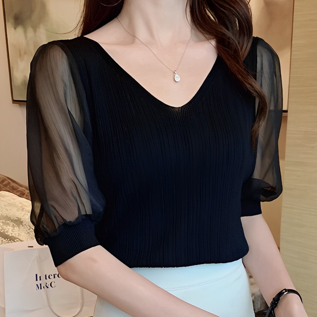 R Outlet - Blouse Rajut Surplice V-neck Lengan 3/4 Kombinasi Tile Transparan #4427
