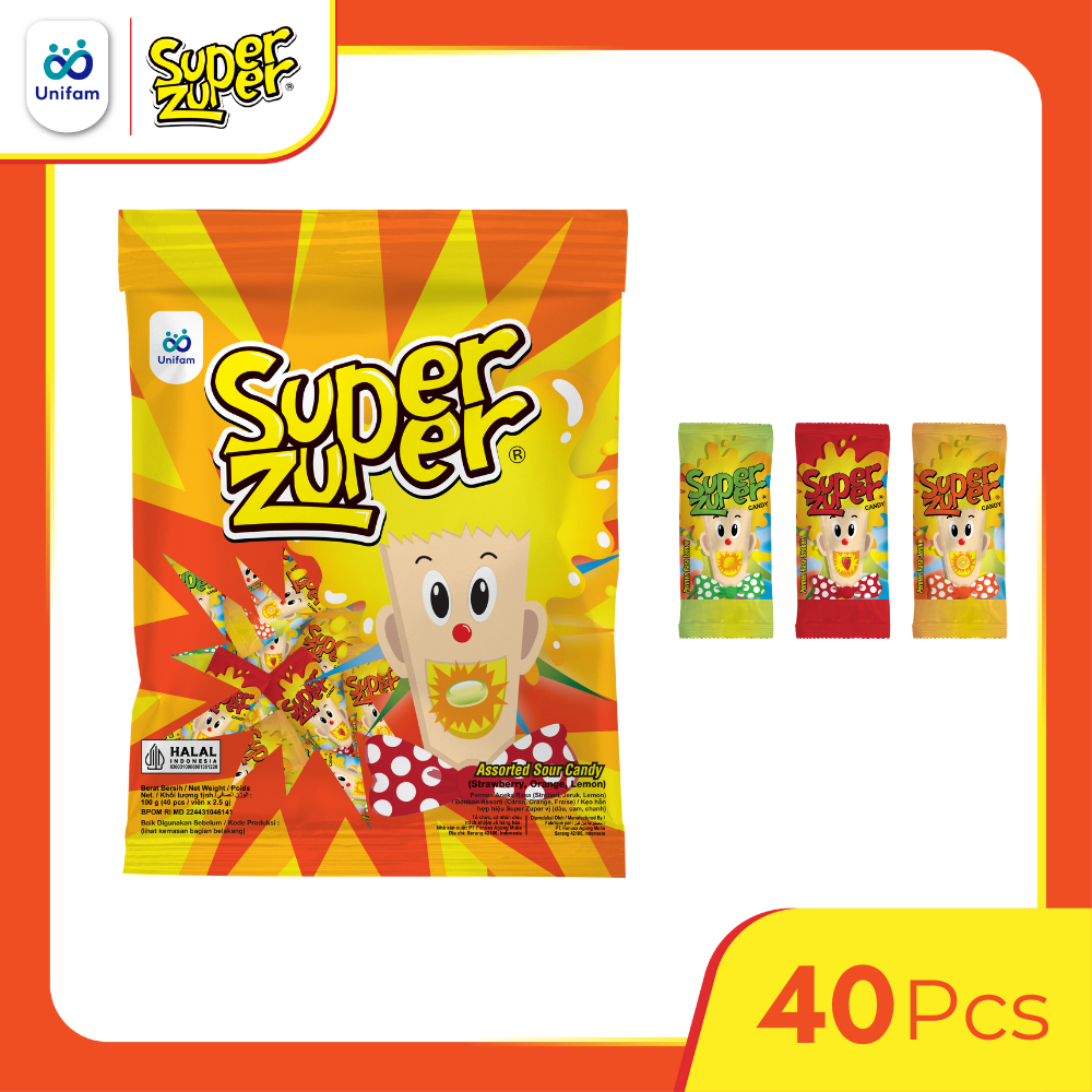 

Super Zuper Permen Asem Rasa Buah Bag - Sour Candy Mix 1 Bag (Isi 40 Pcs) @2.5 Gram