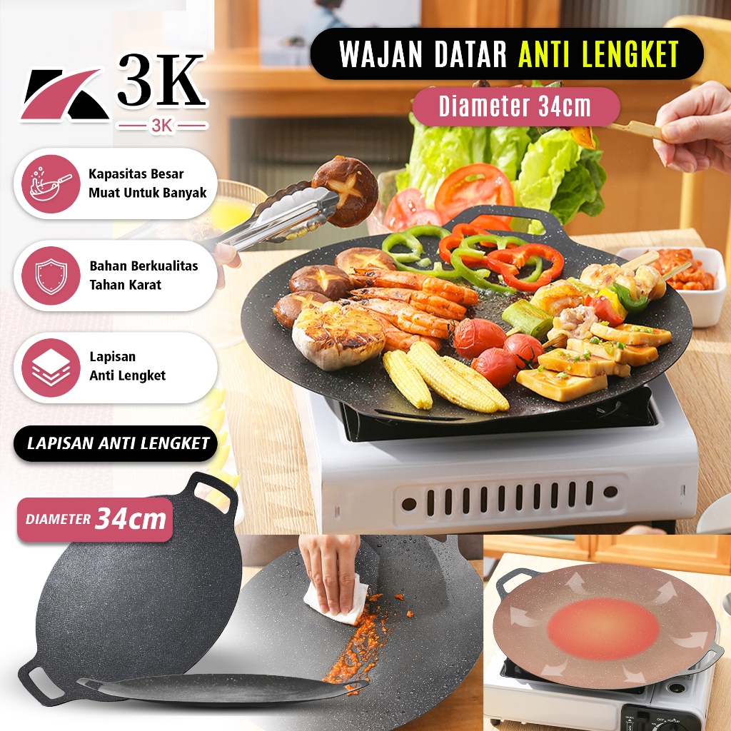 (3K Surabaya) Wajan Datar BBQ Anti Lengket 34CM Serbaguna/Panci Panggangan Ikan Grill Steak PREMIUM
