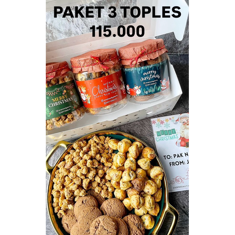 

Paket 3 Toples Kacang Medan / Soes Coklat / Cookies Coklat - Hampers Natal / Christmas Edition - READY