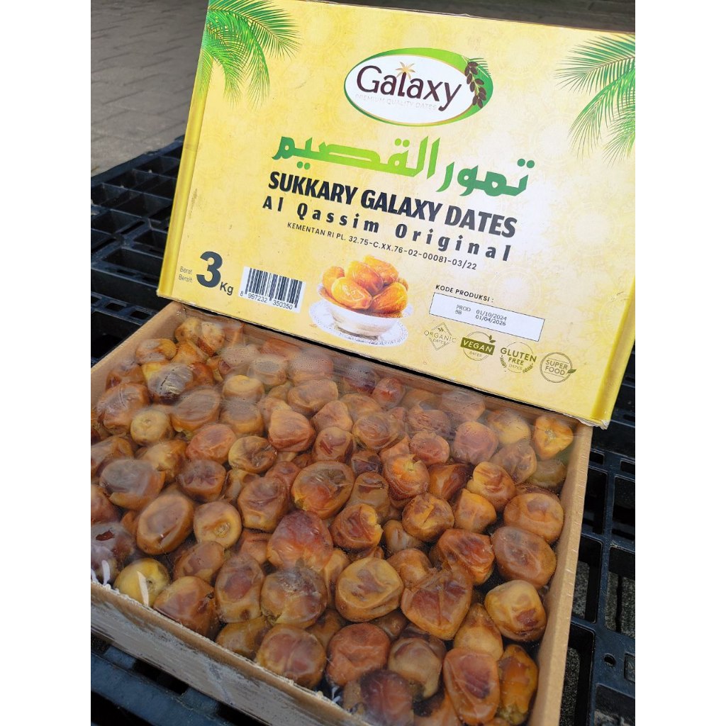 

Kurma Sukari Galaxy Premium 3Kg Grade A Al-Qassim Wraping Rapih dan Higienis