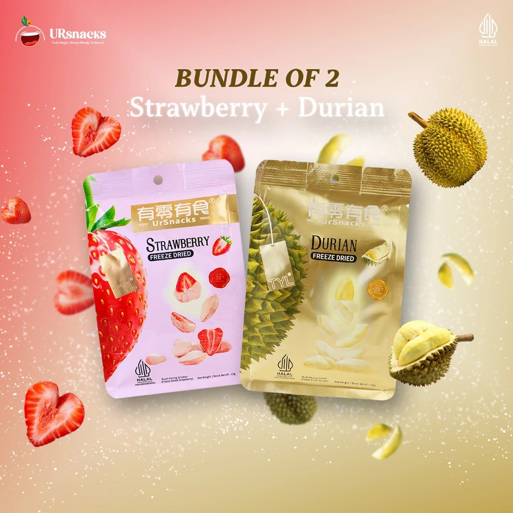 

URSNACKS Bundle Of 2 - Freeze Dried Keripik Buah Asli Rasa Strawberry + Rasa Durian - Halal BPOM Ready To Eat
