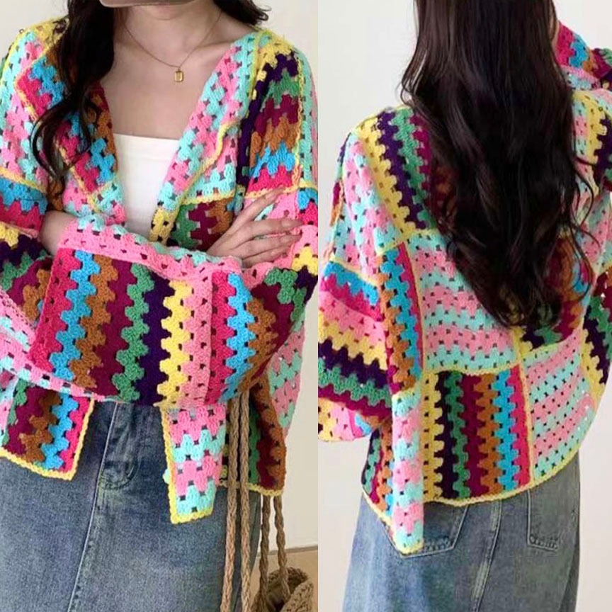 CARDIGAN OUTER RAJUT CROCHET KNIT RAINBOW WARNA WARNI CROP OVERSIZE DROP SHOULDER KOREA IMPORT