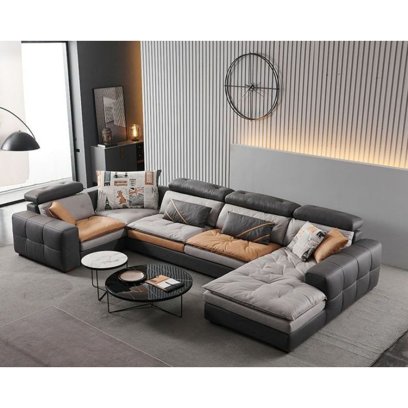 Sofa kombinasi kain dan kulit leter U mewah modern