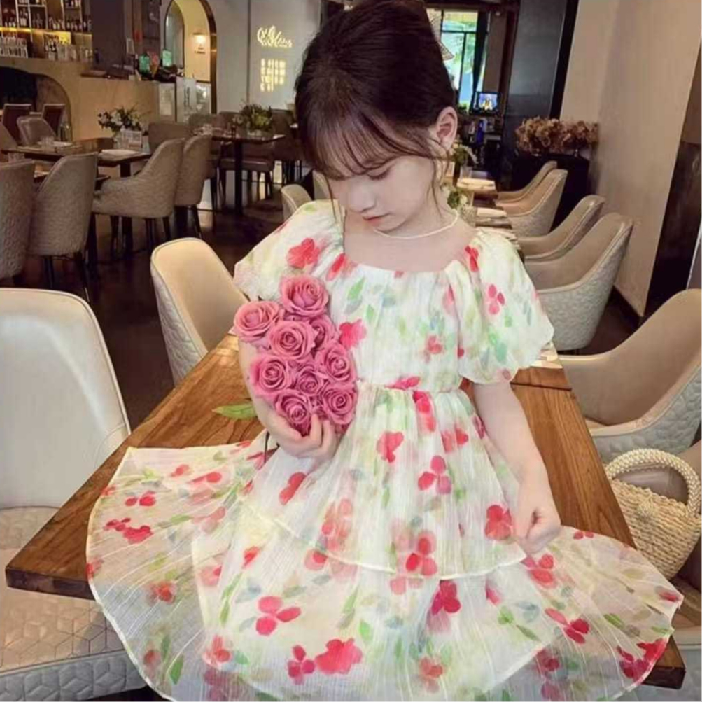 MAHIKA DRESS Baju Anak Perempuan Fashion Anak Korea Dress Motif Bunga Pesta Layer Usia 2 Tahun - 7 T