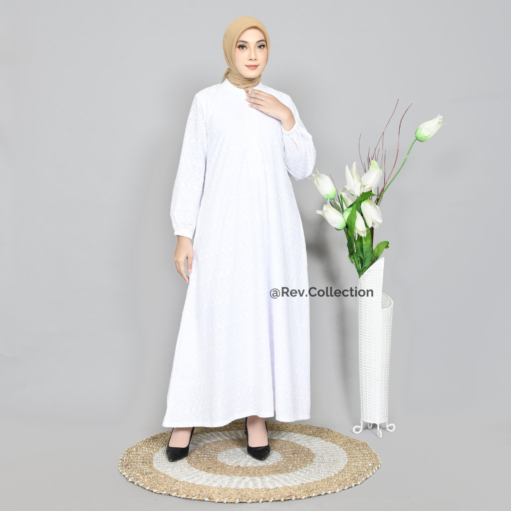 Rev Gamis Klok Putih Full Bordir Motif Daun Busana Gamis Wanita Muslimah Haji & Umroh