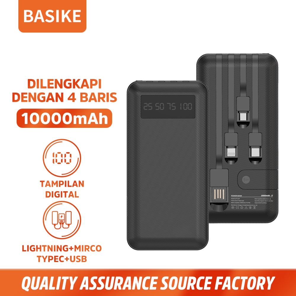 BASIKE Powerbank Fast Charging 10000 mAh 2 Input 4 Output with Kabel Data Lightning Type C Micro USB