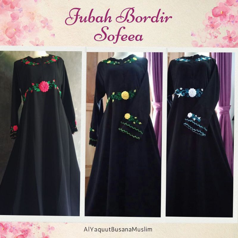 Jubah Gamis Akhwat Syar'i Perempuan Bordir Bahan Jetblack Bonanza Fortaleza Wolfis Hitam Bisa Reques