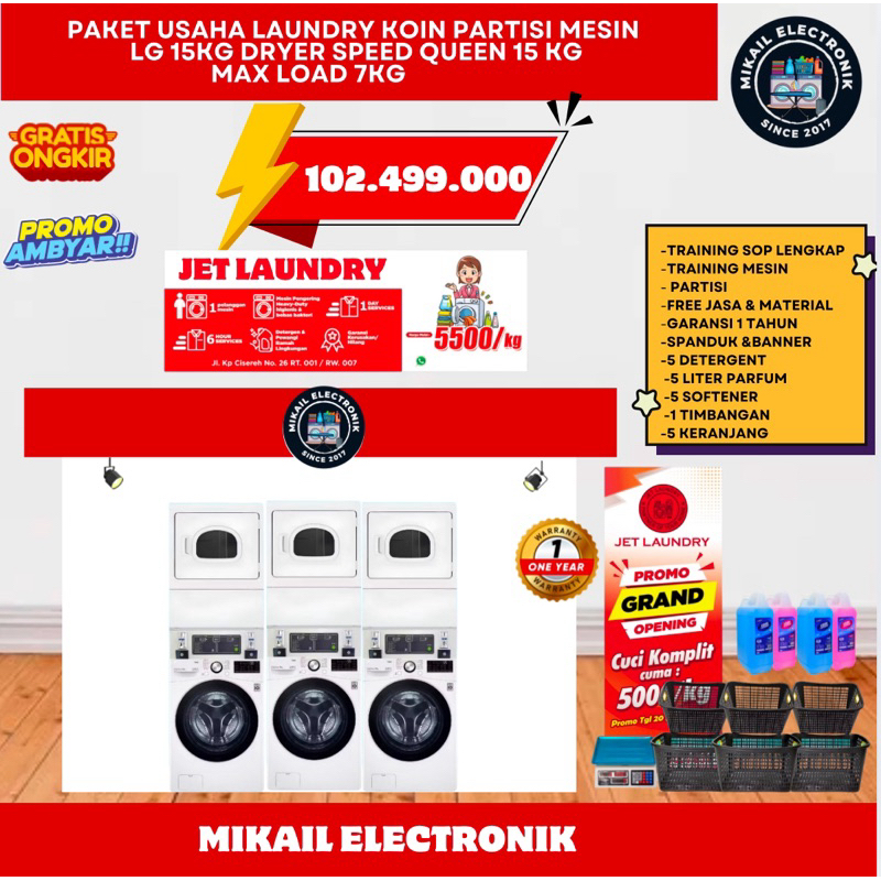 PAKET LAUNDRY PARTISI 3 SET MESIN CUCI 15 KG DRYER SPEED QUEEN 15KG KOMERSIL