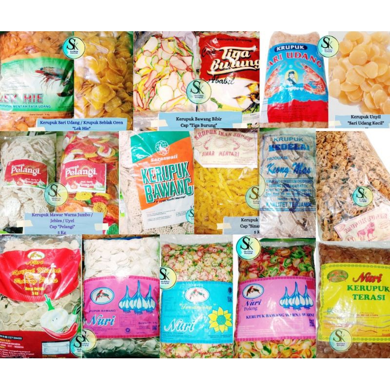 

(5Kg/Ball) Kerupuk Bawang dan Kerupuk Seblak / Kerupuk Bawang 5 Kg / Mawar / Makaroni / Krupuk Viral Rafael / Bunga Tersanjung / Bibir / Terasi / Keong / Beras / Kepang / Mawar / Puli / Tempe / Manggar / Poleng / Sari Udang Unyil / Putih / Krupuk Nasi