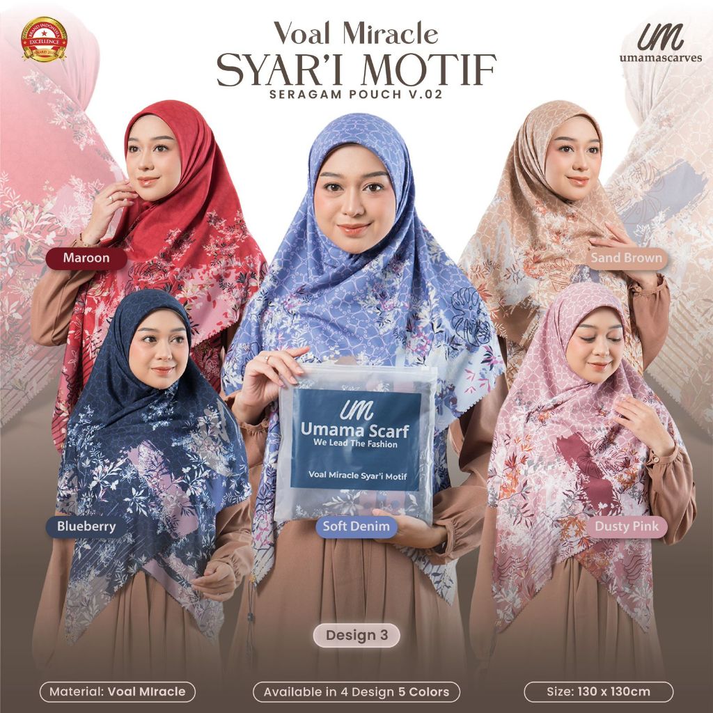 NAGIH HIJAB SYAR'I SEGIEMPAT VOAL MIRACLE MOTIF JUMBO UMAMA LC 130X130 KEMASAN POUCH PREMIUM NAGIH H