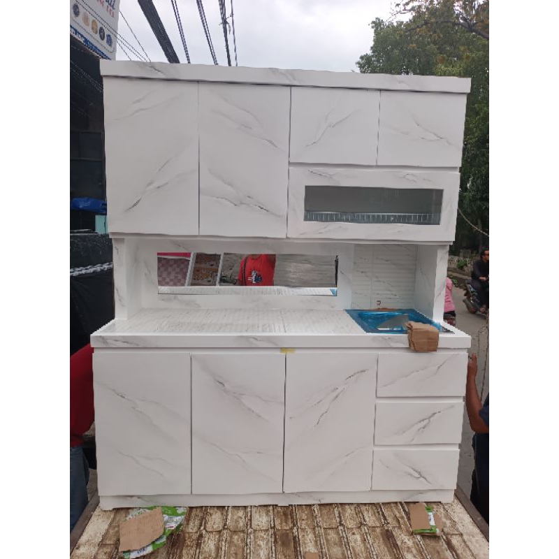 rak piring lemari sayur kayu dapur minimalis hidrolik pintu Sorong sleding cermin keramik laci 3 rel