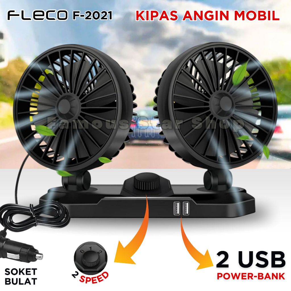 Kipas Mobil 24 Volt (2 Kipas + 2 USB Power-Bank) FLECO F-2021 Kipas Angin Mobil 24 Volt | Kipas Angi