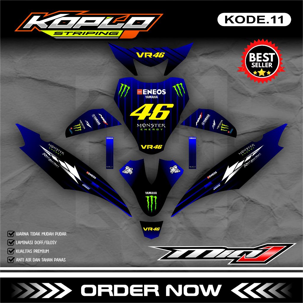 Sticker Decal Full Body Motor Yamaha MIO J - Stiker Striping Variasi Dekal MIO J Desain Monster Ener